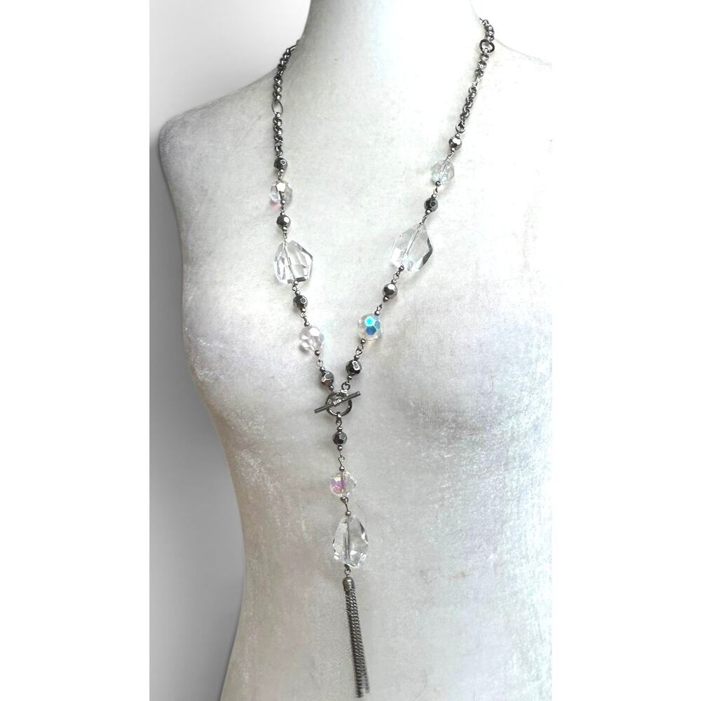 Y Drop AB and Clear Chunky Beads Long Tassel Necklace Silver Tone